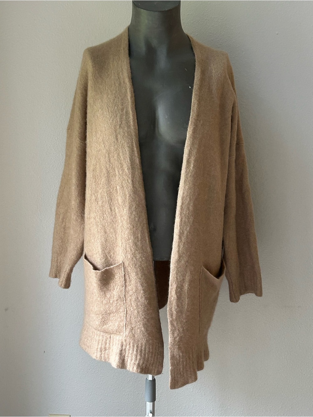 Eileen Fisher Thick Cashmere/Silk Camel Brown Open Front Cardigan; Pockets (XL)